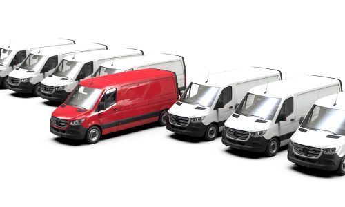 Red commercial van and fleet of white trucks: 3D illustration